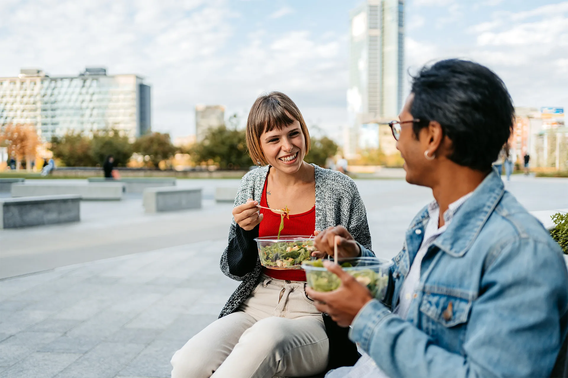 People Eating Salad Outside